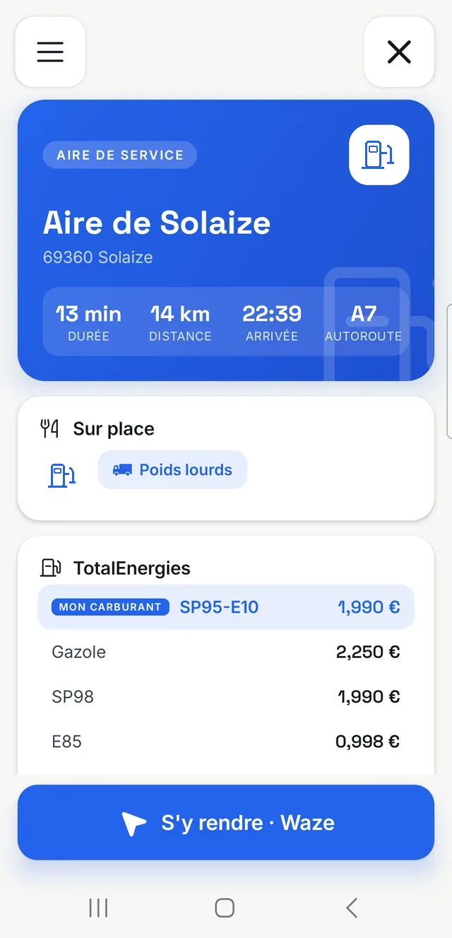 La fiche d'une aire de service : durée, distance, autoroute et prix de tous les carburants